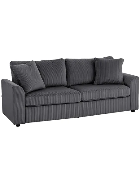 HOMCOM Modern 3 Seater Sofa with Spring Cushion, 212 cm Fabric Jumbo Cord Sofa Couch with 2 Scatter Cushions, Upholstered Cordur