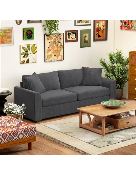 HOMCOM Modern 3 Seater Sofa with Spring Cushion, 212 cm Fabric Jumbo Cord Sofa Couch with 2 Scatter Cushions, Upholstered Cordur