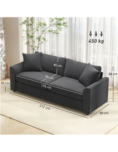 HOMCOM Modern 3 Seater Sofa with Spring Cushion, 212 cm Fabric Jumbo Cord Sofa Couch with 2 Scatter Cushions, Upholstered Cordur