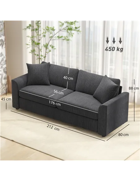 HOMCOM Modern 3 Seater Sofa with Spring Cushion, 212 cm Fabric Jumbo Cord Sofa Couch with 2 Scatter Cushions, Upholstered Cordur