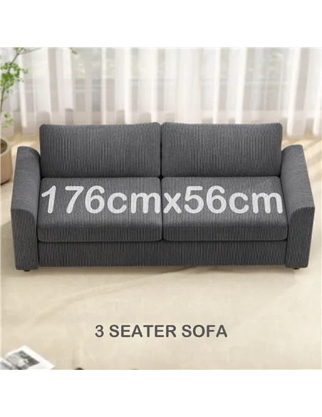 HOMCOM Modern 3 Seater Sofa with Spring Cushion, 212 cm Fabric Jumbo Cord Sofa Couch with 2 Scatter Cushions, Upholstered Cordur