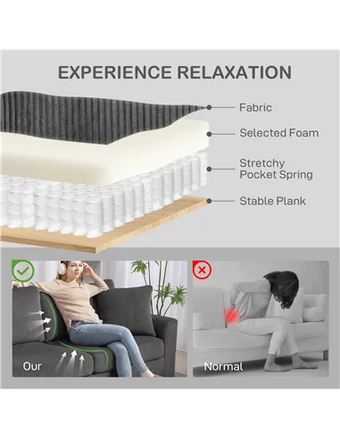 HOMCOM Modern 3 Seater Sofa with Spring Cushion, 212 cm Fabric Jumbo Cord Sofa Couch with 2 Scatter Cushions, Upholstered Cordur