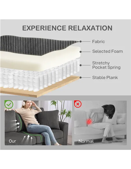 HOMCOM Modern 3 Seater Sofa with Spring Cushion, 212 cm Fabric Jumbo Cord Sofa Couch with 2 Scatter Cushions, Upholstered Cordur