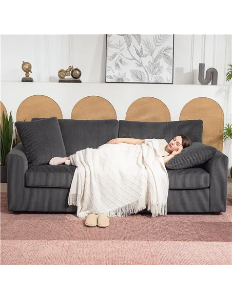 HOMCOM Modern 3 Seater Sofa with Spring Cushion, 212 cm Fabric Jumbo Cord Sofa Couch with 2 Scatter Cushions, Upholstered Cordur