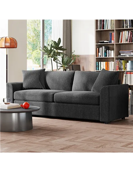 HOMCOM Modern 3 Seater Sofa with Spring Cushion, 212 cm Fabric Jumbo Cord Sofa Couch with 2 Scatter Cushions, Upholstered Cordur