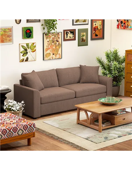 HOMCOM Modern 3 Seater Sofa with Spring Cushion, 212 cm Fabric Jumbo Cord Sofa Couch with 2 Scatter Cushions, Upholstered Cordur