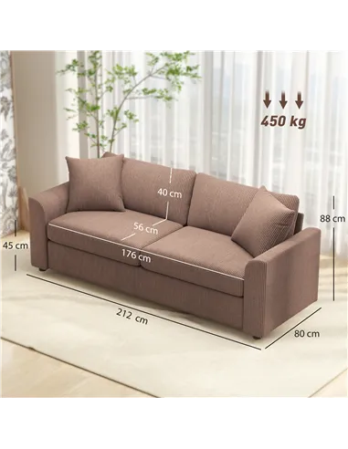 HOMCOM Modern 3 Seater Sofa with Spring Cushion, 212 cm Fabric Jumbo Cord Sofa Couch with 2 Scatter Cushions, Upholstered Cordur