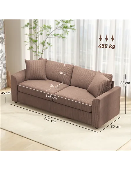 HOMCOM Modern 3 Seater Sofa with Spring Cushion, 212 cm Fabric Jumbo Cord Sofa Couch with 2 Scatter Cushions, Upholstered Cordur