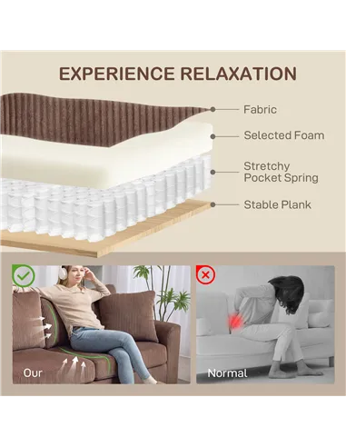 HOMCOM Modern 3 Seater Sofa with Spring Cushion, 212 cm Fabric Jumbo Cord Sofa Couch with 2 Scatter Cushions, Upholstered Cordur