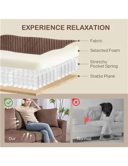 HOMCOM Modern 3 Seater Sofa with Spring Cushion, 212 cm Fabric Jumbo Cord Sofa Couch with 2 Scatter Cushions, Upholstered Cordur