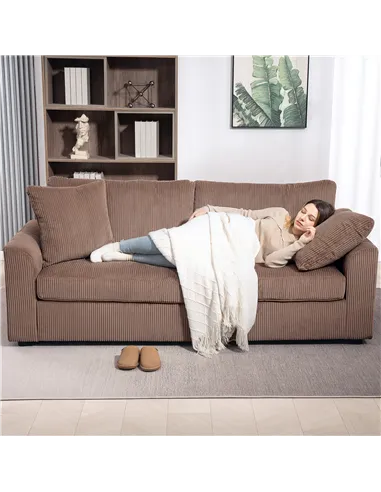 HOMCOM Modern 3 Seater Sofa with Spring Cushion, 212 cm Fabric Jumbo Cord Sofa Couch with 2 Scatter Cushions, Upholstered Cordur