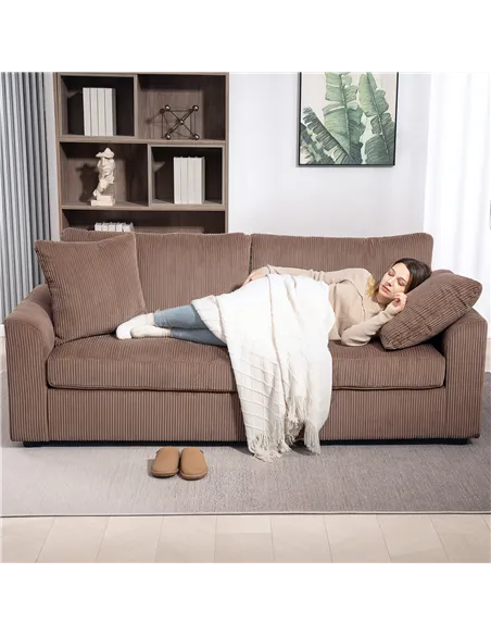 HOMCOM Modern 3 Seater Sofa with Spring Cushion, 212 cm Fabric Jumbo Cord Sofa Couch with 2 Scatter Cushions, Upholstered Cordur