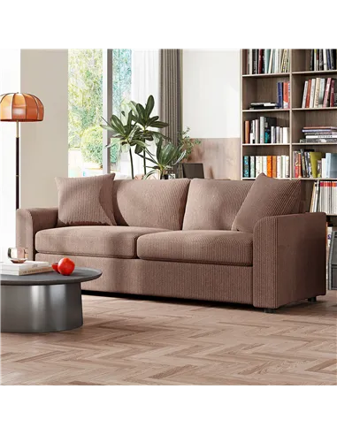 HOMCOM Modern 3 Seater Sofa with Spring Cushion, 212 cm Fabric Jumbo Cord Sofa Couch with 2 Scatter Cushions, Upholstered Cordur