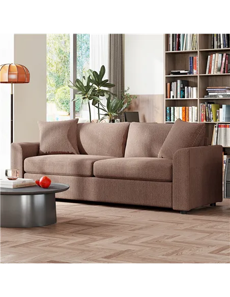 HOMCOM Modern 3 Seater Sofa with Spring Cushion, 212 cm Fabric Jumbo Cord Sofa Couch with 2 Scatter Cushions, Upholstered Cordur