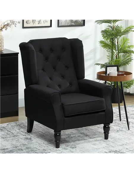 HOMCOM Retro Accent Chair, Linen Wingback Armchair with Wood Frame Button Tufted Design for Living Room Bedroom, Black