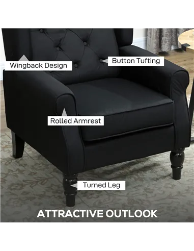 HOMCOM Retro Accent Chair, Linen Wingback Armchair with Wood Frame Button Tufted Design for Living Room Bedroom, Black