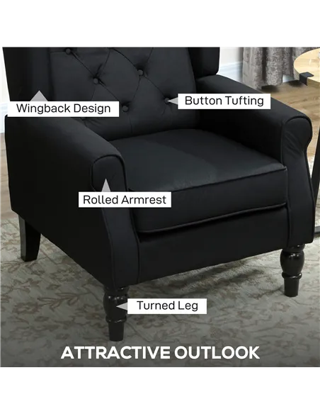 HOMCOM Retro Accent Chair, Linen Wingback Armchair with Wood Frame Button Tufted Design for Living Room Bedroom, Black
