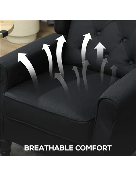 HOMCOM Retro Accent Chair, Linen Wingback Armchair with Wood Frame Button Tufted Design for Living Room Bedroom, Black