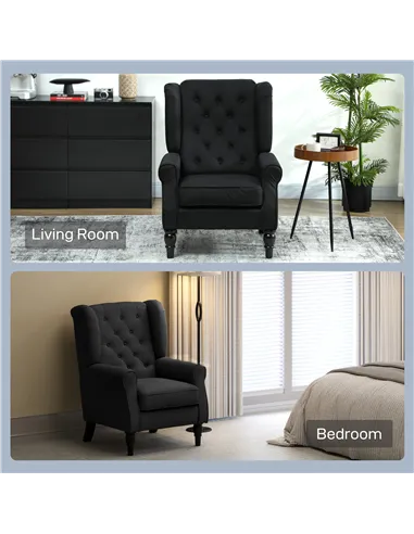 HOMCOM Retro Accent Chair, Linen Wingback Armchair with Wood Frame Button Tufted Design for Living Room Bedroom, Black