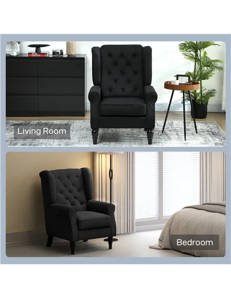 HOMCOM Retro Accent Chair, Linen Wingback Armchair with Wood Frame Button Tufted Design for Living Room Bedroom, Black