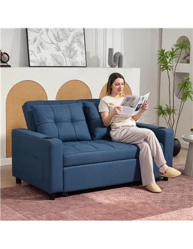 HOMCOM Two-Seater Pull-Out Sofa Bed - Dark Blue