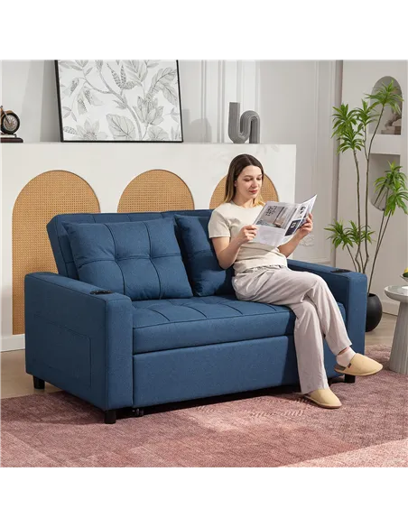 HOMCOM Two-Seater Pull-Out Sofa Bed - Dark Blue