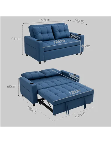 HOMCOM Two-Seater Pull-Out Sofa Bed - Dark Blue