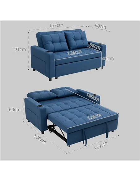 HOMCOM Two-Seater Pull-Out Sofa Bed - Dark Blue