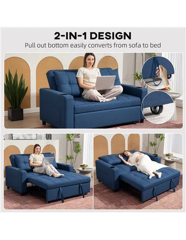 HOMCOM Two-Seater Pull-Out Sofa Bed - Dark Blue
