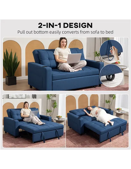 HOMCOM Two-Seater Pull-Out Sofa Bed - Dark Blue