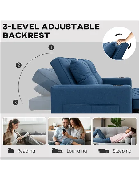 HOMCOM Two-Seater Pull-Out Sofa Bed - Dark Blue