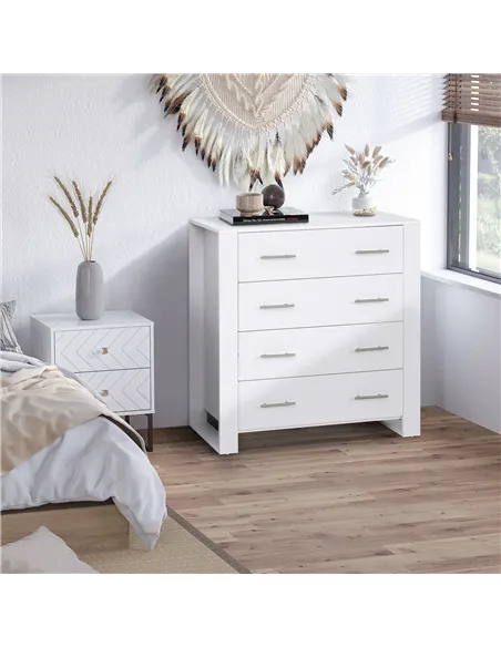 HOMCOM Chest Of 4 Drawers Storage Cabinet Bedroom Clothes w/Metal Handles Base Freestanding Unit Furnishing Living Room White