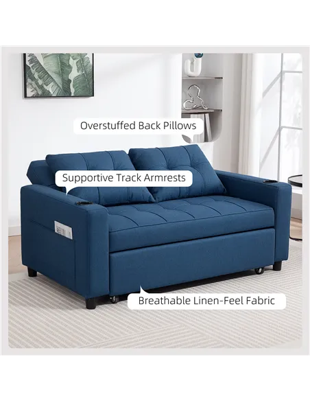 HOMCOM Two-Seater Pull-Out Sofa Bed - Dark Blue