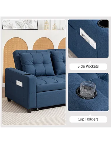 HOMCOM Two-Seater Pull-Out Sofa Bed - Dark Blue