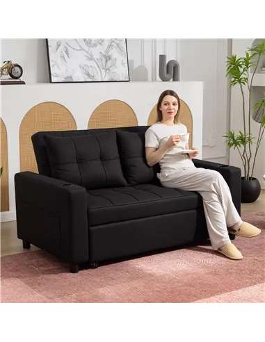 HOMCOM Two-Seater Pull-Out Sofa Bed - Black