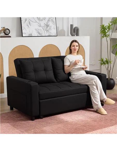 HOMCOM Two-Seater Pull-Out Sofa Bed - Black