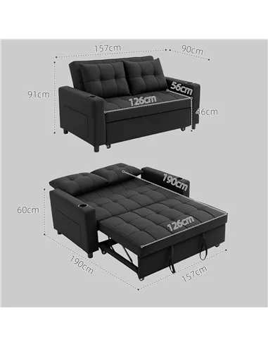 HOMCOM Two-Seater Pull-Out Sofa Bed - Black