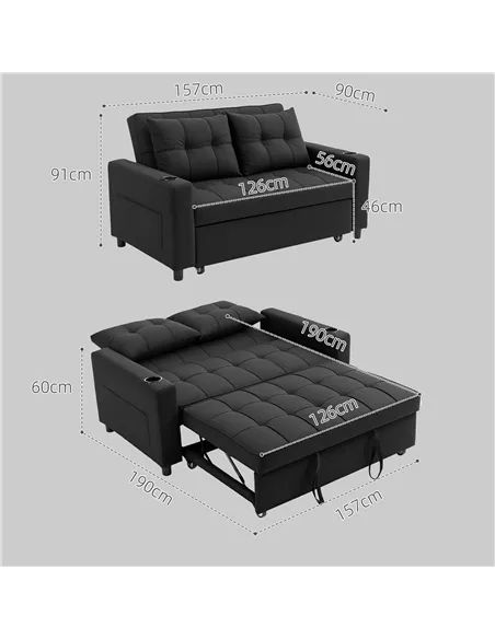 HOMCOM Two-Seater Pull-Out Sofa Bed - Black