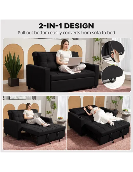 HOMCOM Two-Seater Pull-Out Sofa Bed - Black