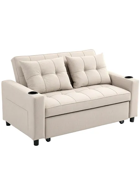 HOMCOM Two-Seater Pull-Out Sofa Bed - Beige