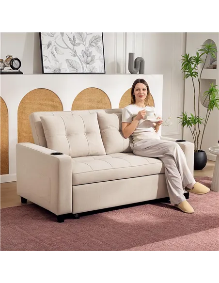 HOMCOM Two-Seater Pull-Out Sofa Bed - Beige