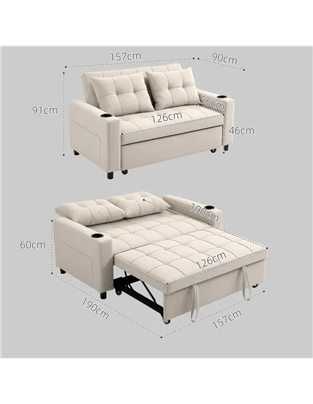 HOMCOM Two-Seater Pull-Out Sofa Bed - Beige