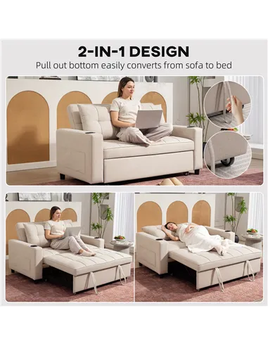 HOMCOM Two-Seater Pull-Out Sofa Bed - Beige
