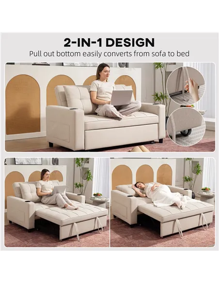 HOMCOM Two-Seater Pull-Out Sofa Bed - Beige