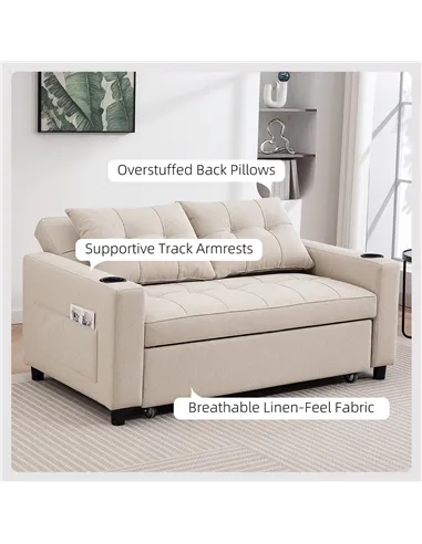HOMCOM Two-Seater Pull-Out Sofa Bed - Beige