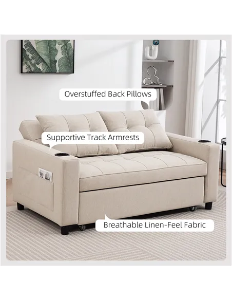 HOMCOM Two-Seater Pull-Out Sofa Bed - Beige