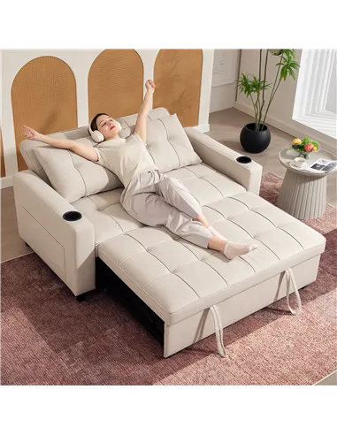 HOMCOM Two-Seater Pull-Out Sofa Bed - Beige