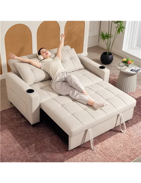 HOMCOM Two-Seater Pull-Out Sofa Bed - Beige