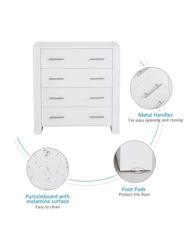 HOMCOM Chest Of 4 Drawers Storage Cabinet Bedroom Clothes w/Metal Handles Base Freestanding Unit Furnishing Living Room White