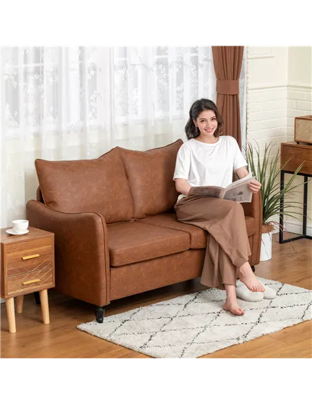 HOMCOM Faux Leather Marble-Effect Two-Seater Sofa - Brown